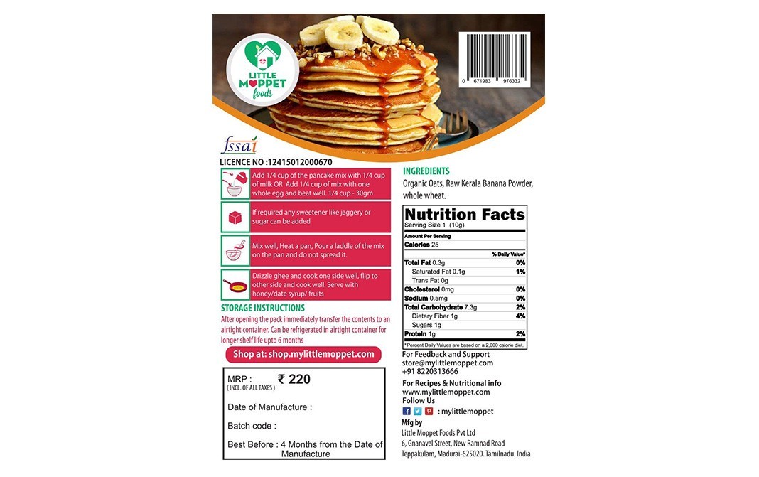 Little Moppet Foods Banana Oats Pancake Mix   Pack  150 grams